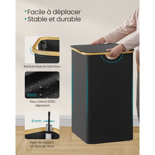 Panier à Linge Avec Couvercle à 4 Compartiments, 200 L, Sac Amovible, Poignées En Bambou, Pliable