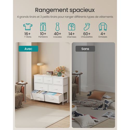 Commode 7 Tiroirs, Meuble De Rangement Pour Chambre, Acier, Panneau Mdf, Tissu Non-tissé,blanc
