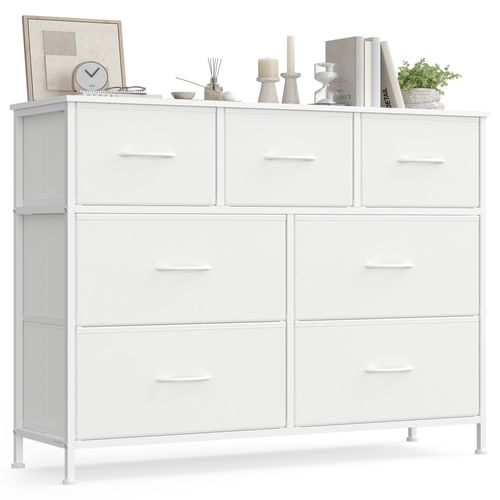 Commode 7 Tiroirs, Meuble De Rangement Pour Chambre, Acier, Panneau Mdf, Tissu Non-tissé,blanc