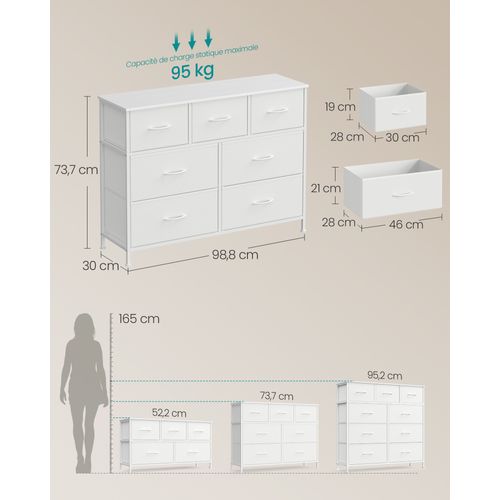 Commode 7 Tiroirs, Meuble De Rangement Pour Chambre, Acier, Panneau Mdf, Tissu Non-tissé,blanc