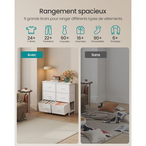 Commode 6 Tiroirs, Acier, Panneau Mdf, Tissu Non-tissé, Pour Couloir, Entrée, Chambre, Blanc