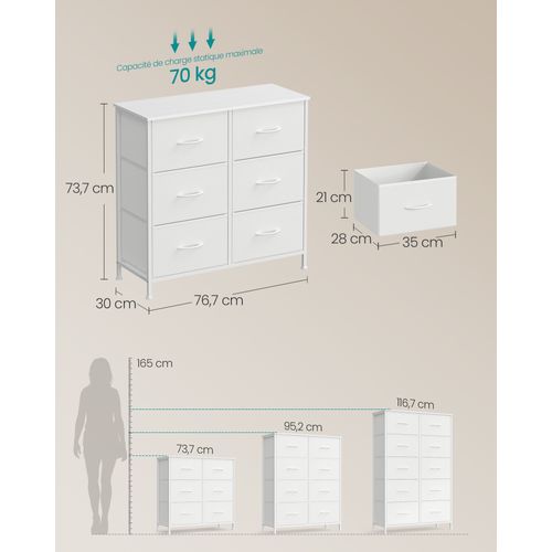 Commode 6 Tiroirs, Acier, Panneau Mdf, Tissu Non-tissé, Pour Couloir, Entrée, Chambre, Blanc