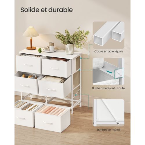 Commode 6 Tiroirs, Acier, Panneau Mdf, Tissu Non-tissé, Pour Couloir, Entrée, Chambre, Blanc