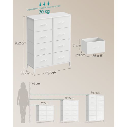 Commode 8 Tiroirs, Meuble De Rangement, Acier, Panneau Mdf, Tissu Non-tissé,, Blanc Et Blanc