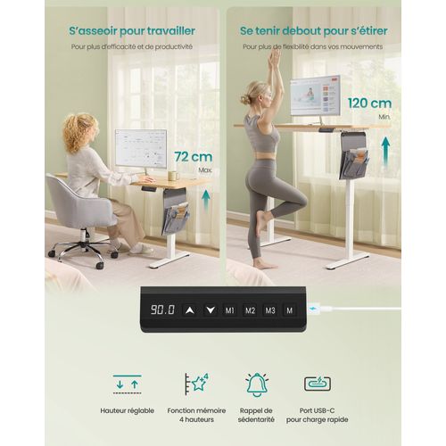 Bureau Électrique Réglable En Hauteur, Fonction Mémoire 4 Hauteurs, Organiseur, Pour Télétravail