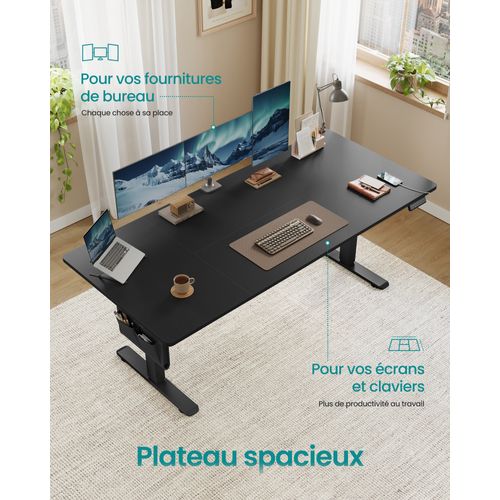 Bureau Électrique Réglable En Hauteur, 180 X 80 Cm,pour Télétravail, Noir D'encre