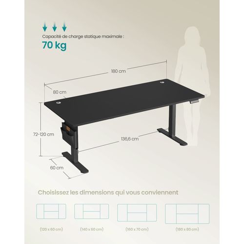 Bureau Électrique Réglable En Hauteur, 180 X 80 Cm,pour Télétravail, Noir D'encre