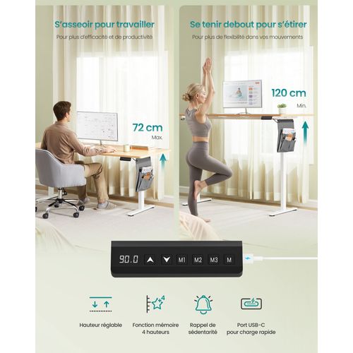 Bureau Électrique Réglable En Hauteur, Fonction Mémoire 4 Hauteurs, Organiseur, Pour Télétravail