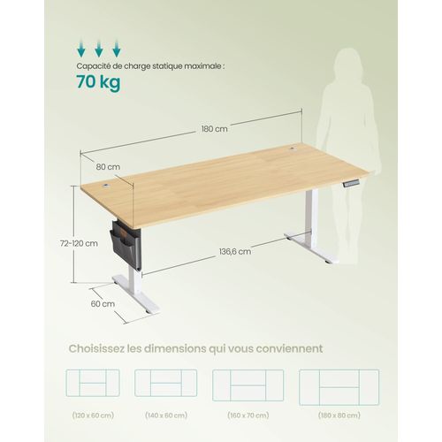 Bureau Électrique Réglable En Hauteur, Fonction Mémoire 4 Hauteurs, Organiseur, Pour Télétravail
