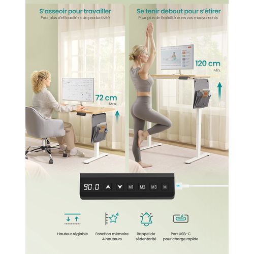 Bureau Électrique Réglable En Hauteur, Fonction Mémoire 4 Hauteurs, Organiseur, Pour Télétravail