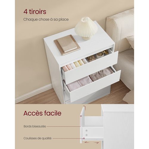 Commode Chambre 4 Tiroirs, 40 X 60 X 97,4 Cm, Style Moderne, Blanc Neige