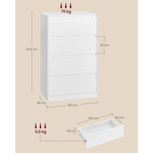 Commode Chambre 4 Tiroirs, 40 X 60 X 97,4 Cm, Style Moderne, Blanc Neige