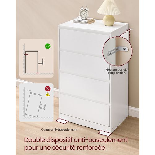 Commode Chambre 4 Tiroirs, 40 X 60 X 97,4 Cm, Style Moderne, Blanc Neige