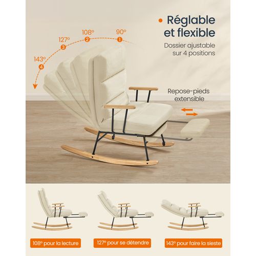 Fauteuil à Bascule, Dossier Réglable Sur 4 Positions, Supporte Jusqu'à 160 Kg, Marron Camel