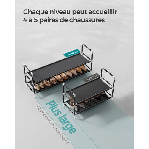 Étagère à Chaussures 2 Niveaux, Fine, Gain De Place, Cadre En Métal, En Tissu Non-tissé, Noir