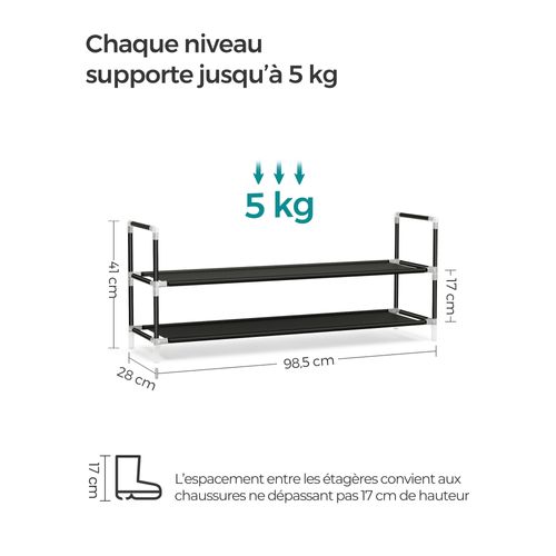 Étagère à Chaussures 2 Niveaux, Fine, Gain De Place, Cadre En Métal, En Tissu Non-tissé, Noir