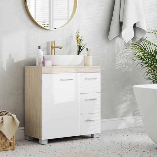 Armoire De Salle De Bain Avec Pieds, 2 Compartiments Et 3 Tiroirs, Blanc Et Beige