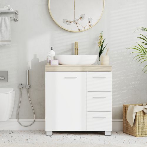 Armoire De Salle De Bain Avec Pieds, 2 Compartiments Et 3 Tiroirs, Blanc Et Beige