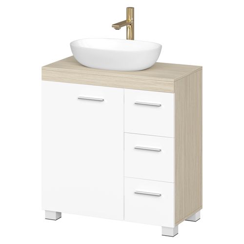 Armoire De Salle De Bain Avec Pieds, 2 Compartiments Et 3 Tiroirs, Blanc Et Beige