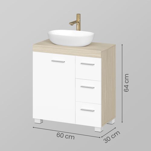 Armoire De Salle De Bain Avec Pieds, 2 Compartiments Et 3 Tiroirs, Blanc Et Beige