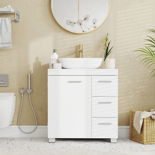 Armoire De Salle De Bain, Meuble Sous Lavabo Avec Pieds, 2 Compartiments Et 3 Tiroirs, Blanc