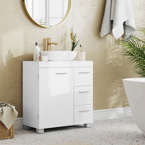 Armoire De Salle De Bain, Meuble Sous Lavabo Avec Pieds, 2 Compartiments Et 3 Tiroirs, Blanc