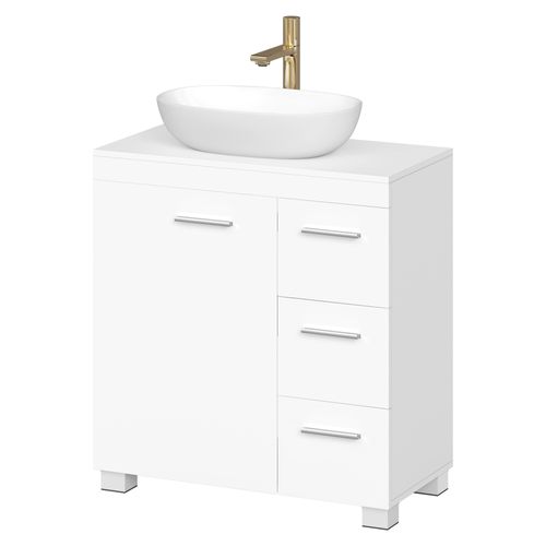 Armoire De Salle De Bain, Meuble Sous Lavabo Avec Pieds, 2 Compartiments Et 3 Tiroirs, Blanc