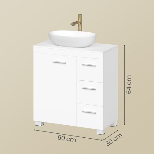 Armoire De Salle De Bain, Meuble Sous Lavabo Avec Pieds, 2 Compartiments Et 3 Tiroirs, Blanc