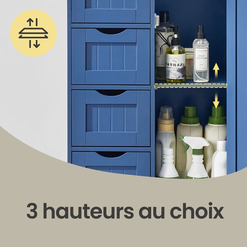 Armoire De Rangement, Salle De Bain, Commode Compacte Avec 4 Tiroirs, Étagère Ajustable, Bleu
