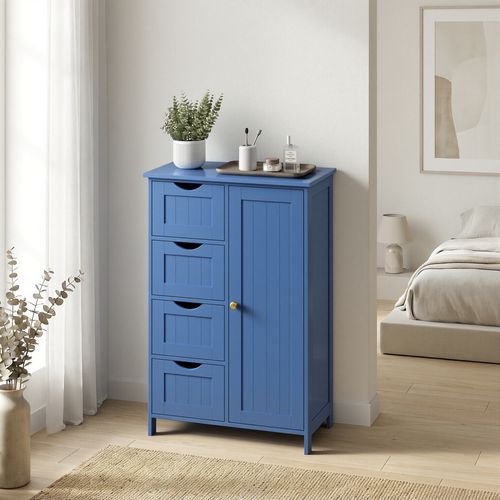 Armoire De Rangement, Salle De Bain, Commode Compacte Avec 4 Tiroirs, Étagère Ajustable, Bleu