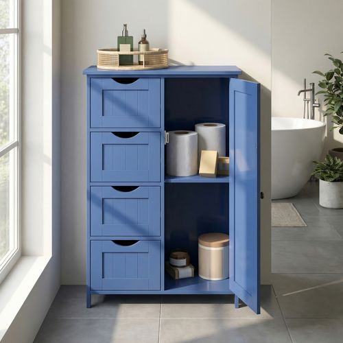 Armoire De Rangement, Salle De Bain, Commode Compacte Avec 4 Tiroirs, Étagère Ajustable, Bleu