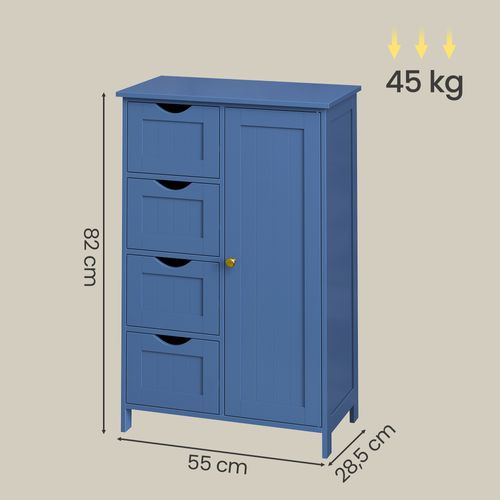 Armoire De Rangement, Salle De Bain, Commode Compacte Avec 4 Tiroirs, Étagère Ajustable, Bleu