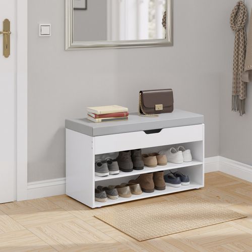 Banc D’entrée Rembourré, 3 Compartiments, Pour Salon Ou Chambre, Assise Confortable, Blanc Et Gris