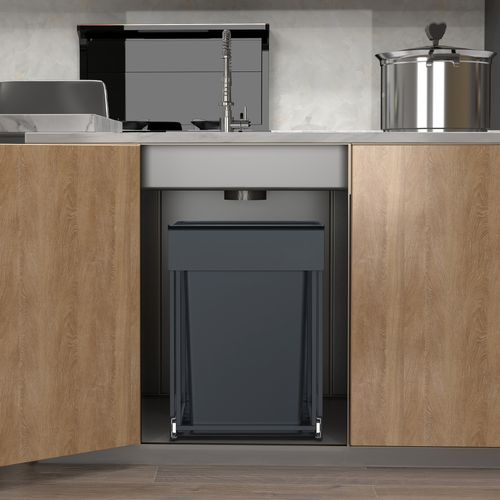 Poubelle De Tri Sélectif Extractible Coulissante, 2 Seaux De 20 L, Coulissement En Douceur, Gris