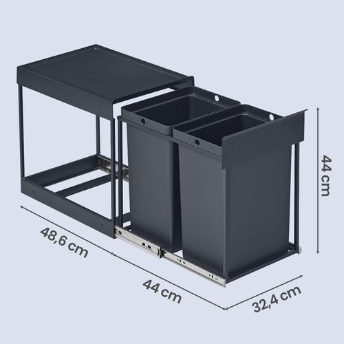 Poubelle De Tri Sélectif Extractible Coulissante, 2 Seaux De 20 L, Coulissement En Douceur, Gris