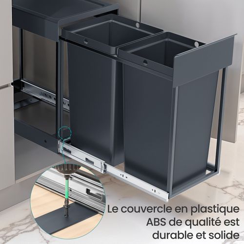 Poubelle De Tri Sélectif Extractible Coulissante, 2 Seaux De 20 L, Coulissement En Douceur, Gris