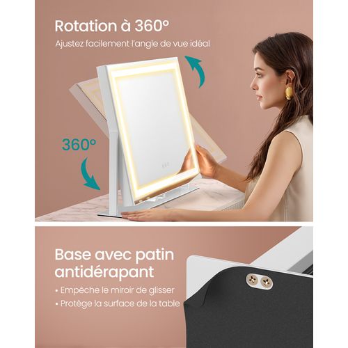 Miroir, 15 Ampoules LED, Multiprise, 3 Températures De Lumière, Intensité Réglable, Blanc Mat