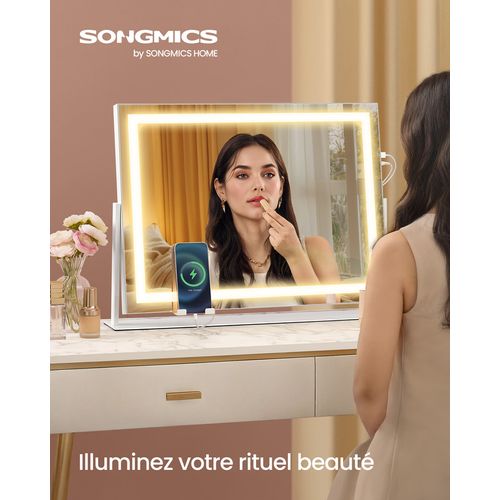 Miroir, 15 Ampoules LED, Multiprise, 3 Températures De Lumière, Intensité Réglable, Blanc Mat