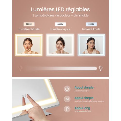 Miroir, 15 Ampoules LED, Multiprise, 3 Températures De Lumière, Intensité Réglable, Blanc Mat