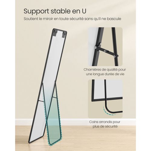 Miroir Intégral, 150 X 40 Cm, Rectangulaire, à Poser Au Sol, Verre Trempé, Noir D'encre