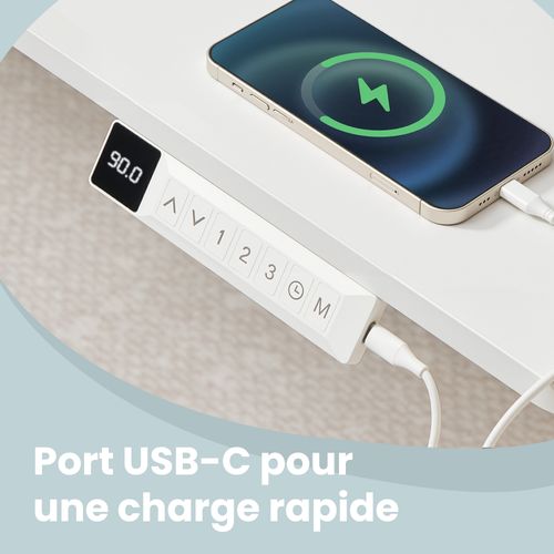 Bureau Assis-debout Réglable, 160 X 80 Cm, Avec Port USB-c, Fonction Mémoire 3 Hauteurs, Blanc