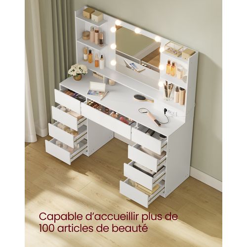 Coiffeuse Avec Miroir LED, Multiprise, 9 Tiroirs, 9 Ampoules, Éclairage 3 Couleurs, Blanc