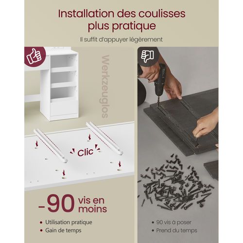 Coiffeuse Avec Miroir LED, Multiprise, 9 Tiroirs, 9 Ampoules, Éclairage 3 Couleurs, Blanc