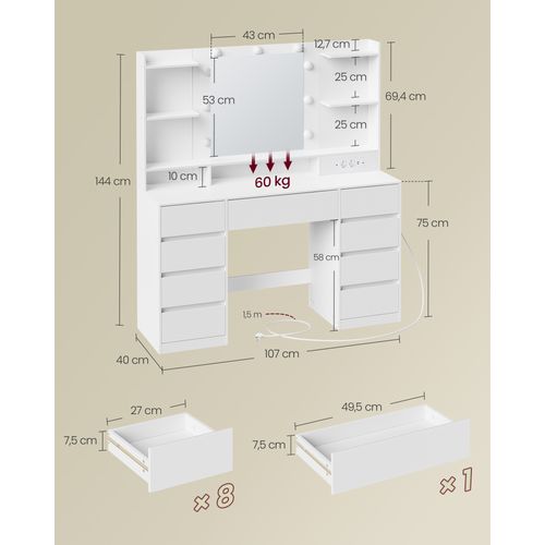 Coiffeuse Avec Miroir LED, Multiprise, 9 Tiroirs, 9 Ampoules, Éclairage 3 Couleurs, Blanc