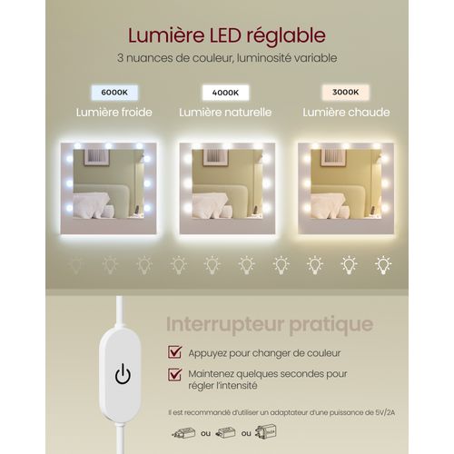 Coiffeuse Avec Miroir LED, Multiprise, 9 Tiroirs, 9 Ampoules, Éclairage 3 Couleurs, Blanc