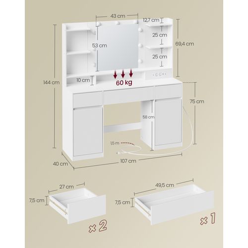 Coiffeuse Avec Miroir LED, Multiprise, 2 Placards, 9 Ampoules, Éclairage 3 Couleurs, Blanc