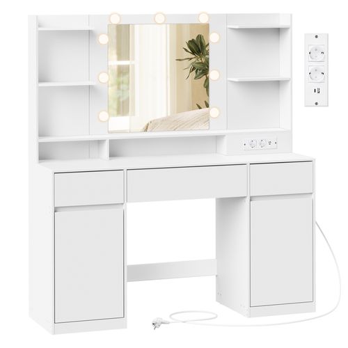 Coiffeuse Avec Miroir LED, Multiprise, 2 Placards, 9 Ampoules, Éclairage 3 Couleurs, Blanc