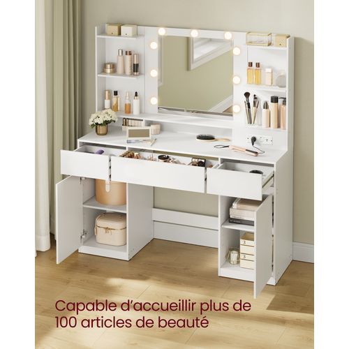 Coiffeuse Avec Miroir LED, Multiprise, 2 Placards, 9 Ampoules, Éclairage 3 Couleurs, Blanc