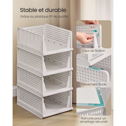 Organisateur D’armoire Pliable Lot De 6, Tiroir Coulissant Empilable, Panier, En Plastique, Blanc