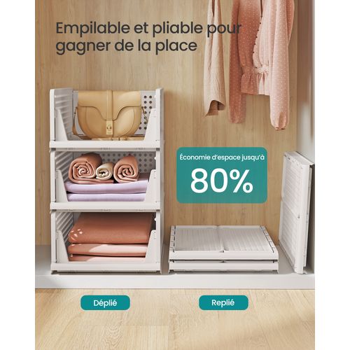 Organisateur D’armoire Pliable Lot De 6, Tiroir Coulissant Empilable, Panier, En Plastique, Blanc
